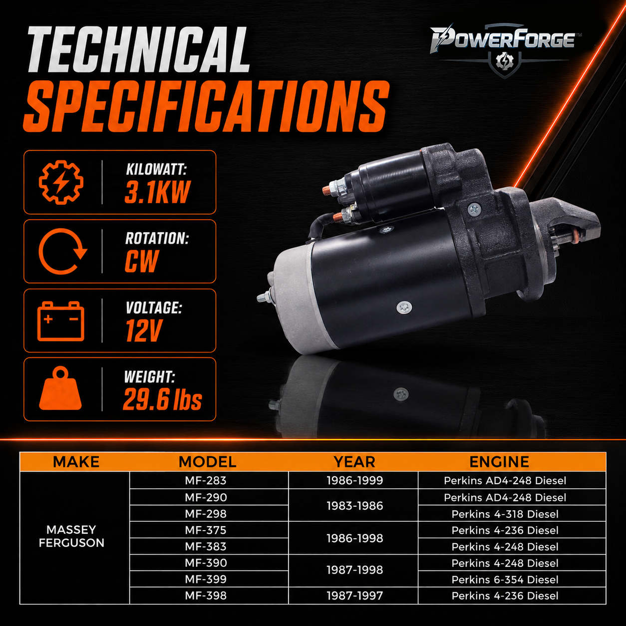 12V 3kW Starter fits Massey Ferguson MF-399, MF-290, MF-375 (1983-1999)