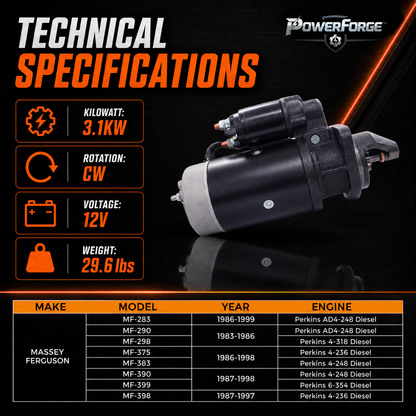 12V 3kW Starter fits Massey Ferguson MF-399, MF-290, MF-375 (1983-1999)