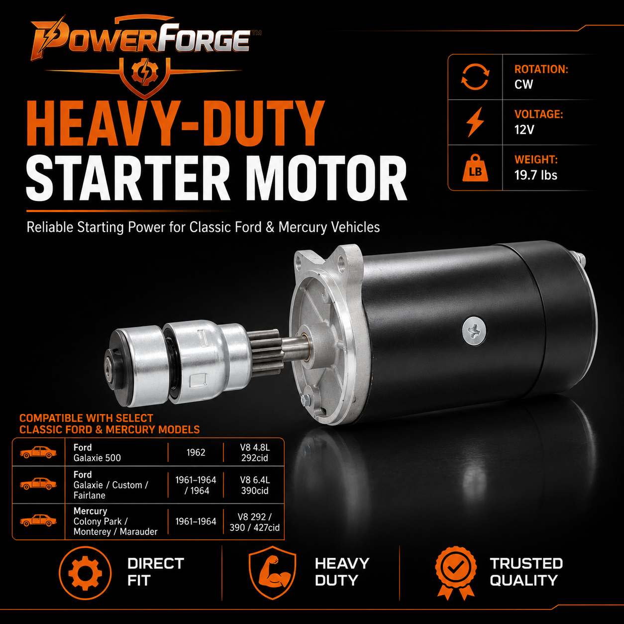 12V Starter Motor fits Ford F-100 F-350 Pickup Thunderbird (1962-1964)
