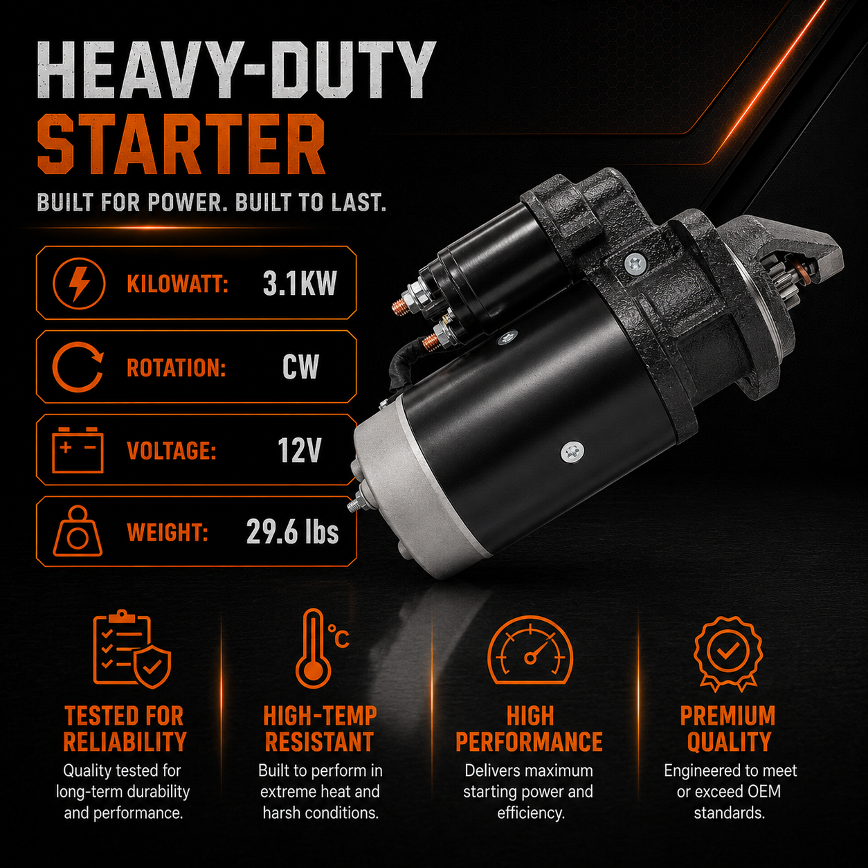 12V 3kW Starter fits Massey Ferguson MF-399, MF-290, MF-375 (1983-1999)