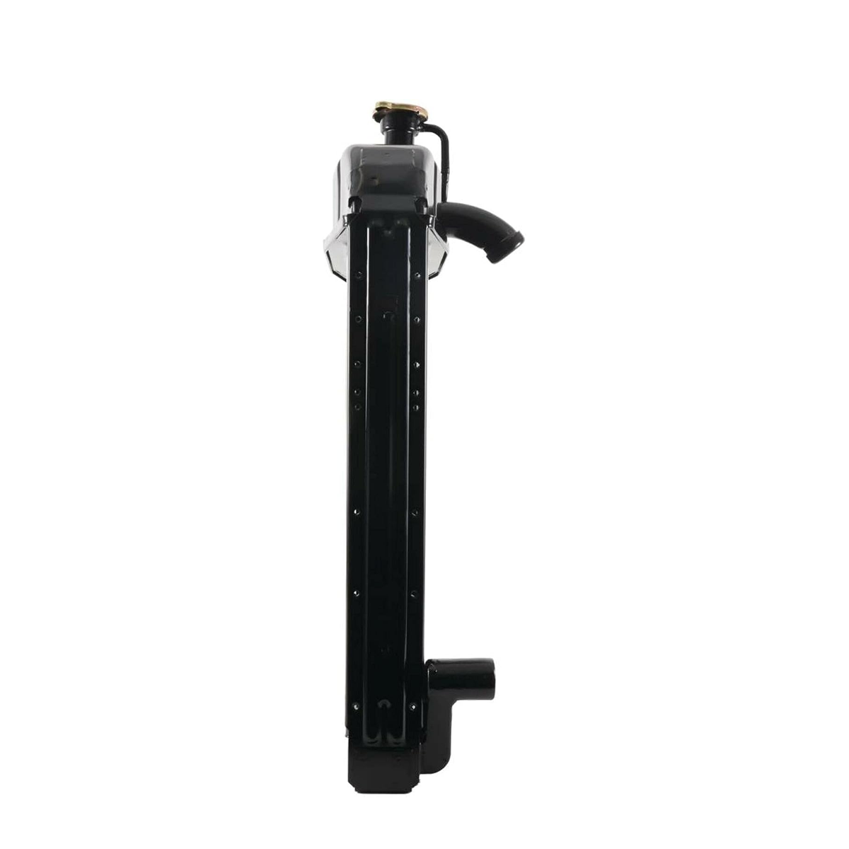 Side view of copper radiator showing inlet and outlet ports for Ford tractors