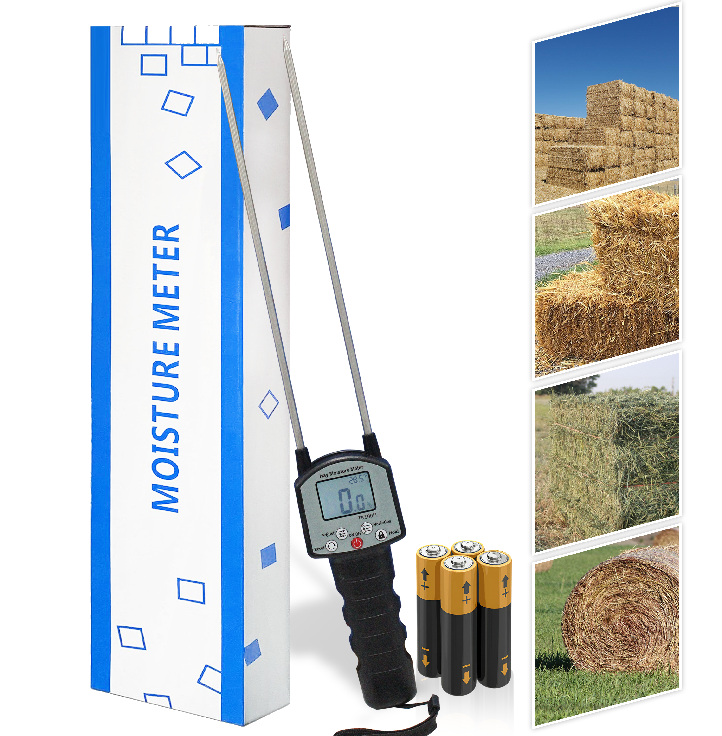 TrueMoist hay moisture meter with digital probe – functional diagram and layout