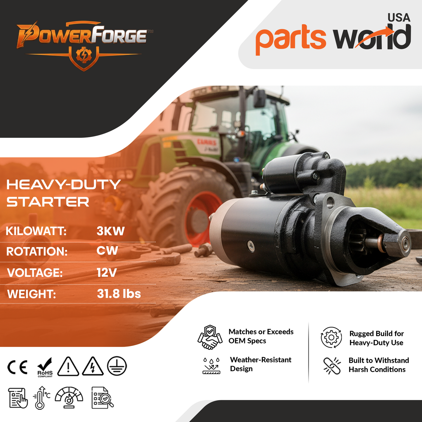 12V 3kW Anlasser passend für Massey Ferguson MF-399, MF-290, MF-375 (1983-1999)