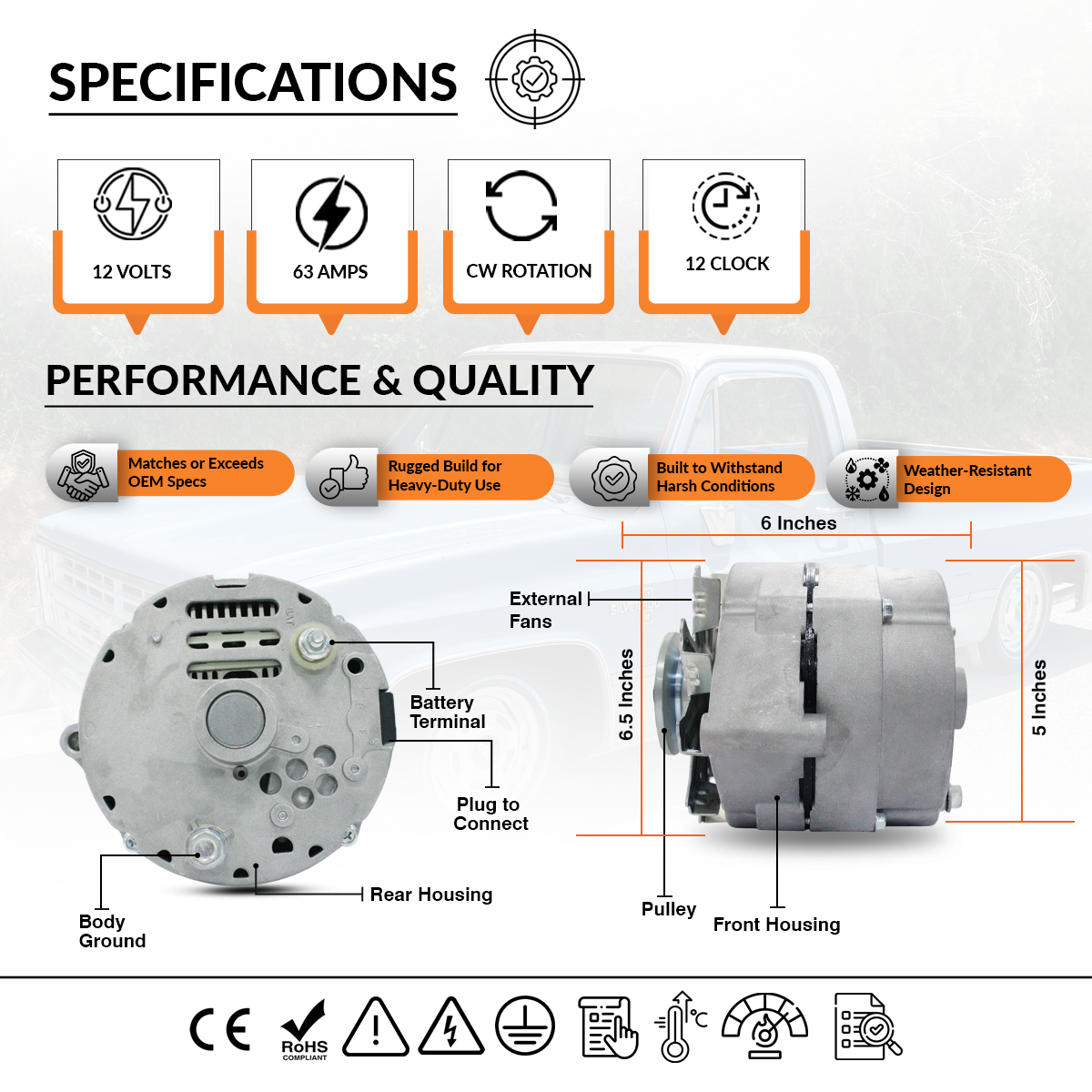 OEM Reference and Product Label for 12V 63A Alternator
