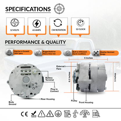 OEM Reference and Product Label for 12V 63A Alternator
