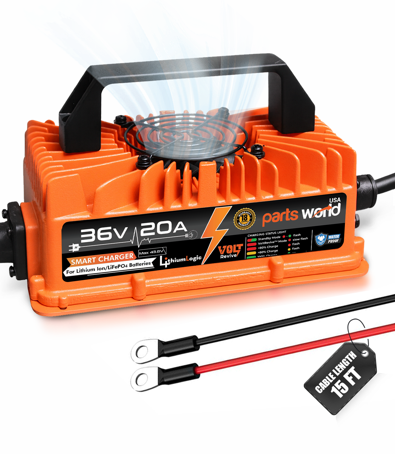 LithiumLogic™ 36V (Max 43.8V) 20A battery charger with M8 Ring Terminals