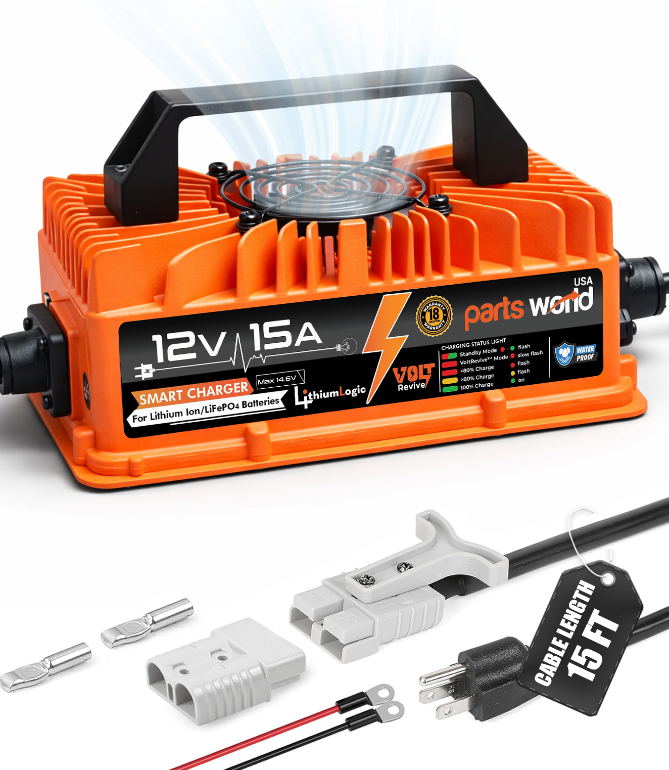LithiumLogic™ 12V (Max 14.6V) 15A battery charger with SB50 plug