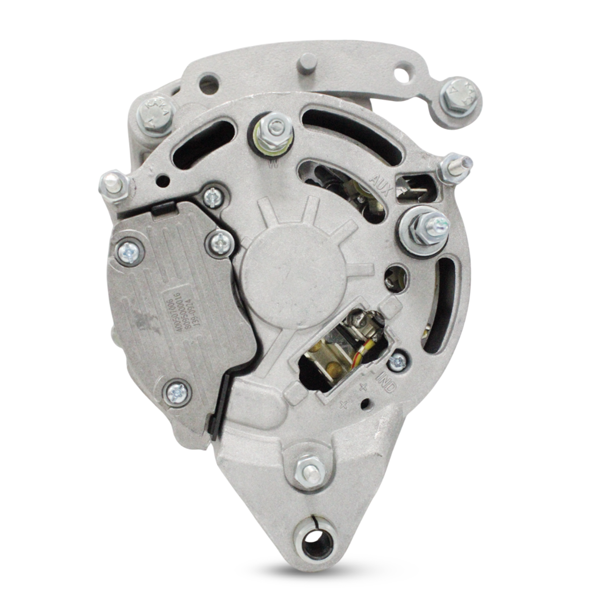 Back view of 12V marine alternator showing connector and mounting points