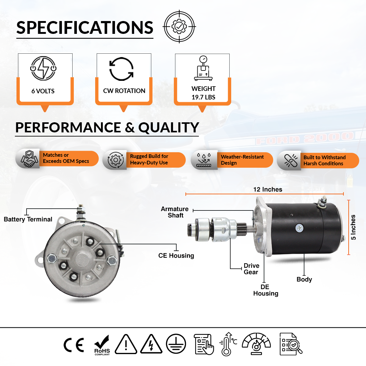 Black body 6V starter motor for Ford 2000 series tractors
