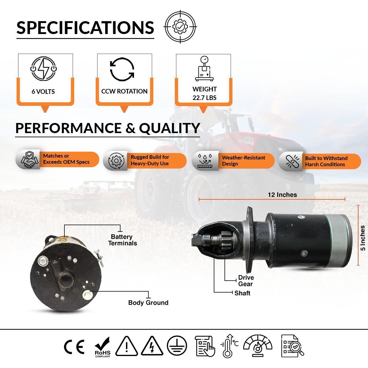 Compatibility chart and specifications for 6V starter motor – Farmall A B C CASE
