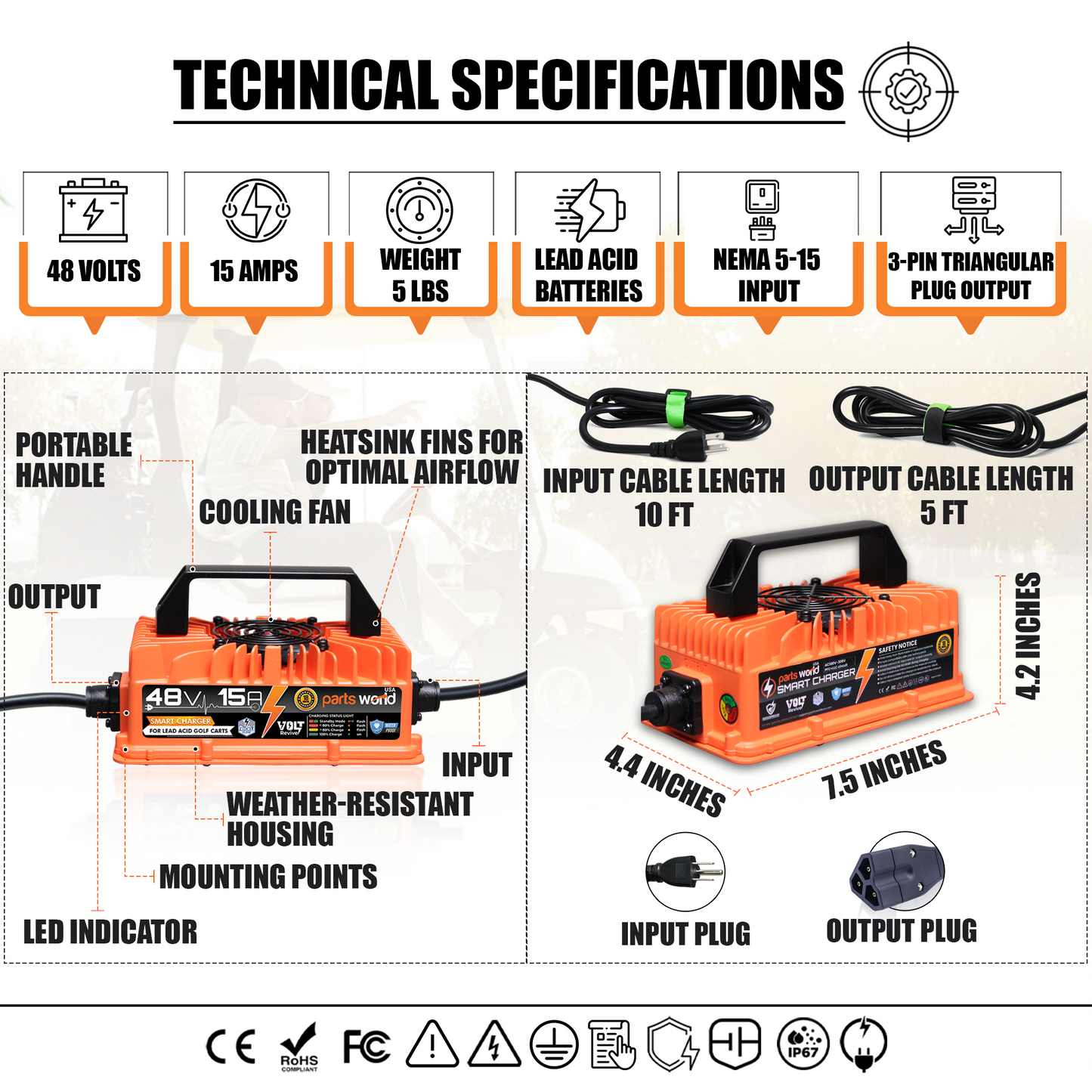 VoltRevive™ 48V 15A Golf Cart Charger for EZGO RXV & TXT| TrickleFlow
