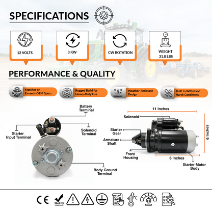 12V 3kW Anlasser passend für Massey Ferguson MF-399, MF-290, MF-375 (1983-1999)