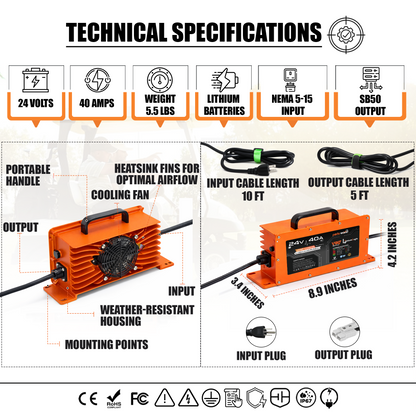 LithiumLogic™ 24V (Max 29.2V) 40A battery charger with SB50 plug